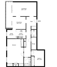 Floor Plan  Two bedroom, one bathroom apartment layout at Dalhousie Place in Amherstburg, ON