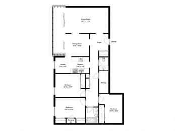 Floor Plan  Three bedroom, one bathroom apartment layout at Dalhousie Place in Amherstburg, ON