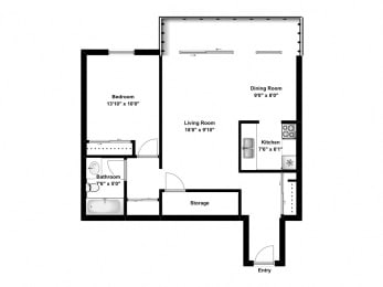Floor Plan  One bedroom, one bathroom apartment layout at Pickering Tower Apartments in Amherstburg, ON