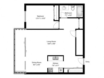 Floor Plan  One bedroom, one bathroom apartment layout in Amherstburg, ON
