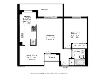 Floor plan of 1 bed, 1 bath, spacious modern suites at Highpoint Barrie in Barrie, ON
