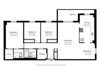 Floor plan of 3 bed, 2 bath, quality apartments with city views at Highpoint Barrie in Barrie, ON