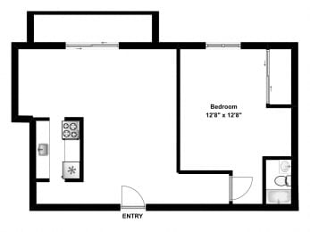 Floor Plan  One bedroom, one bathroom apartment layout at Moira Apartments in Bellville, ON