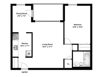 Floor Plan  One bedroom, one bathroom apartment layout at The Parkwood in Bellville, ON