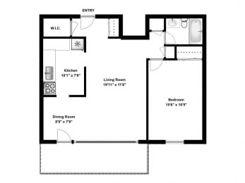Floor Plan  One bedroom, one bathroom apartment layout at The Parkwood in Bellville, ON