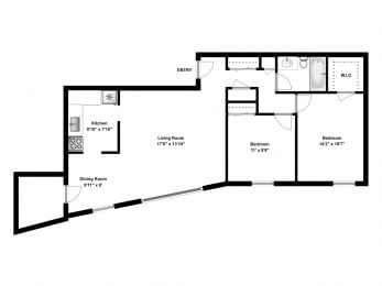 Floor Plan  Two bedroom, one bathroom apartment layout at The Parkwood in Bellville, ON