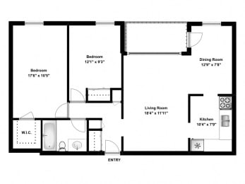 Floor Plan  Two bedroom, one bathroom apartment layout at The Parkwood in Bellville, ON