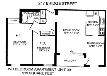 Floor Plan  Two bedroom, one bathroom apartment layout at The Parkwood in Bellville, ON