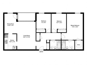 Floor Plan  Three bedroom, one bathroom apartment layout at The Parkwood in Bellville, ON