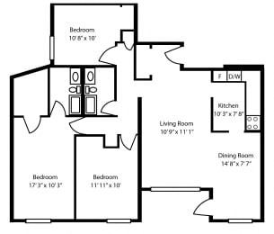 Floor Plan  Three bedroom, one bathroom apartment layout at The Parkwood in Bellville, ON