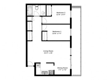 Floor Plan  Floor plan of 2 bed, 1 bath, open concept apartments with balcony access at Bradford Place in Bradford, ON