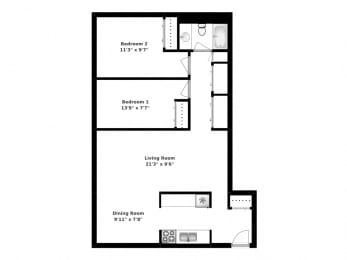 Floor Plan  Floor plan of 2 bed, 1 bath, generous suites with balcony access at Bradford Place in Bradford, ON