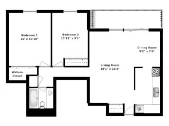 Floor Plan  Floor plan of 2 bed, 1 bath, spacious apartments with balconies at Bradford Place in Bradford, ON