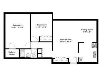 Floor Plan  Floor plan of 2 bed, 1 bath, upscale, elegant apartments at Park Place in Bradford, ON