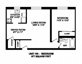 Floor Plan  One bedroom, one bathroom apartment layout at Kensington Apartments in Brockville, ON