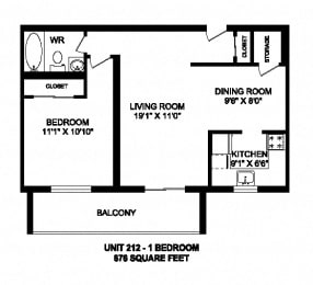 Floor Plan  One bedroom, one bathroom apartment layout at Kensington Apartments in Brockville, ON