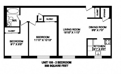Floor Plan  Two bedroom, one bathroom apartment layout at Kensington Apartments in Brockville, ON