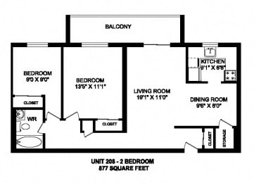 Floor Plan  Two bedroom, one bathroom apartment layout at Kensington Apartments in Brockville, ON