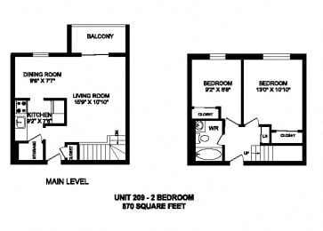 Floor Plan  Two bedroom, one bathroom apartment layout at Kensington Apartments in Brockville, ON