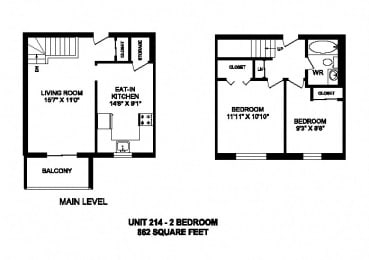 Floor Plan  Two bedroom, one bathroom apartment layout at Kensington Apartments in Brockville, ON