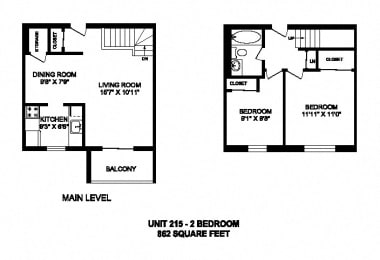Floor Plan  Two bedroom, one bathroom apartment layout at Kensington Apartments in Brockville, ON