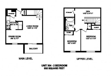 Floor Plan  Two bedroom plus den, one bathroom apartment layout at Kensington Apartments in Brockville, ON