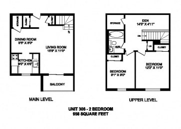 Floor Plan  Two bedroom plus den, one bathroom apartment layout at Kensington Apartments in Brockville, ON