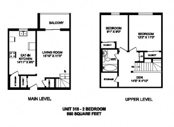 Floor Plan  Two bedroom plus den, one bathroom apartment layout at Kensington Apartments in Brockville, ON