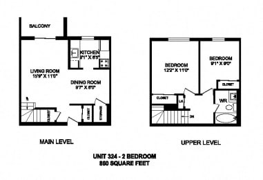 Floor Plan  Two bedroom, one bathroom apartment layout at Kensington Apartments in Brockville, ON