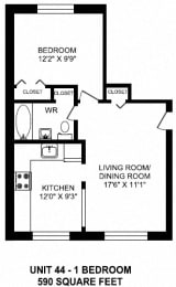 One bedroom, one bathroom apartment layout at Brockville Apartments in Brockville, ON