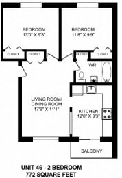 Two bedroom, one bathroom apartment layout at Brockville Apartments in Brockville, ON