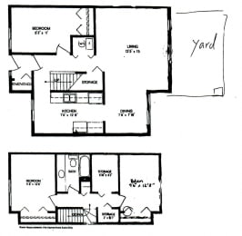 Three bedroom, one bathroom apartment layout at Willowbrook Estates in Brooks, AB