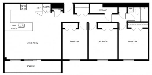 Three bedroom, one bathroom apartment layout at Trillium Apartments in Cobourg, ON