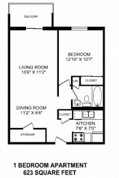 Floor Plan  Floor plans of 1 bed, 1 bath, open concept, modern apartments at Mountain View in Collingwood, ON