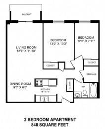 Floor Plan  Floor plans of 2 bed, 1 bath, comfortable suites with balcony access at Mountain View in Collingwood, ON