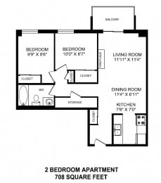 Floor Plan  Floor plan of 2 bed, 1 bath, open concept modern suites in Mountain View in Collingwood, ON