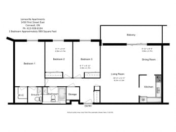 Three bedroom, one bathroom apartment layout at Lorneville Apartments in Cornwall, ON