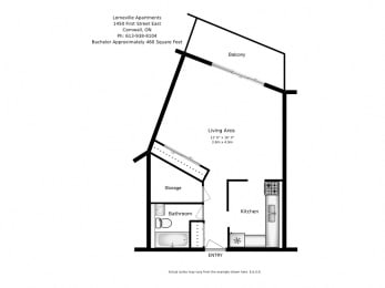 Bachelor, one bathroom apartment layout at Lorneville Apartments in Cornwall, ON