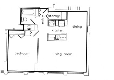 One bedroom, one bathroom apartment layout at MacDonald Estates in Edmonton, AB