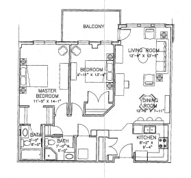 Two bedroom, two bathroom apartment layout at Wellington Court Apartments in Edmonton, AB