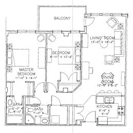 Two bedroom, two bathroom apartment layout at Wellington Court Apartments in Edmonton, AB