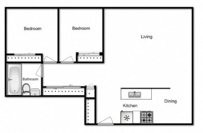 Two bedroom, one bathroom apartment layout at Albany Place in Fort Erie, ON
