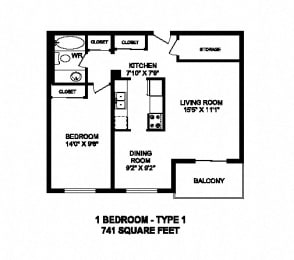 Floor Plan  One bedroom, one bathroom apartment layout at High Street Apartments in Fort Erie, ON