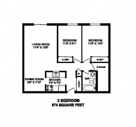 Floor Plan  Two bedroom, one bathroom apartment layout at High Street Apartments in Fort Erie, ON