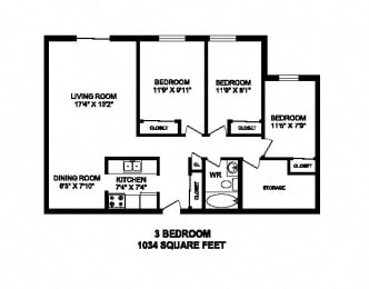 Floor Plan  Three bedroom, one bathroom apartment layout at High Street Apartments in Fort Erie, ON