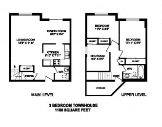 Floor Plan  Three bedroom, one bathroom apartment layout at High Street Apartments in Fort Erie, ON