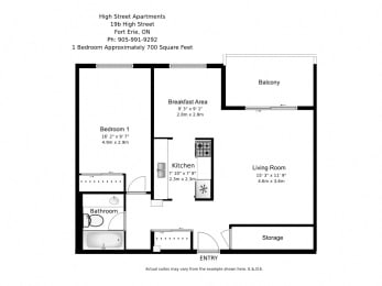 Floor Plan  One bedroom, one bathroom apartment layout at High Street Apartments in Fort Erie, ON