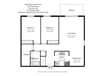 Floor Plan  Two bedroom, one bathroom apartment layout at High Street Apartments in Fort Erie, ON