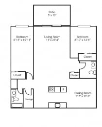 Floor Plan  Two bedroom, one bathroom apartment layout at Southwood Apartments in Guelph, ON