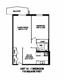 One bedroom, one bathroom apartment layout at Capitol Hill Apartments in Kitchener, ON
